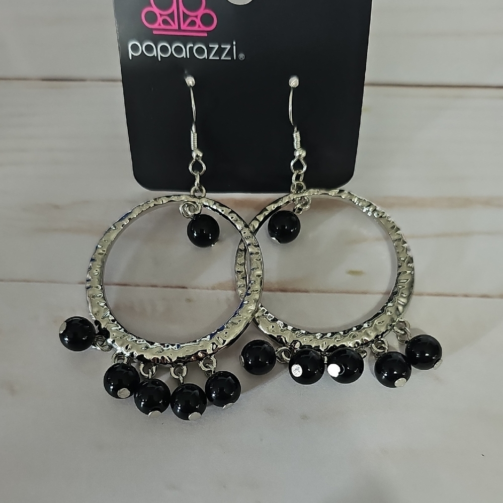 Paparazzi Textured Silver Earrings with Black Beads